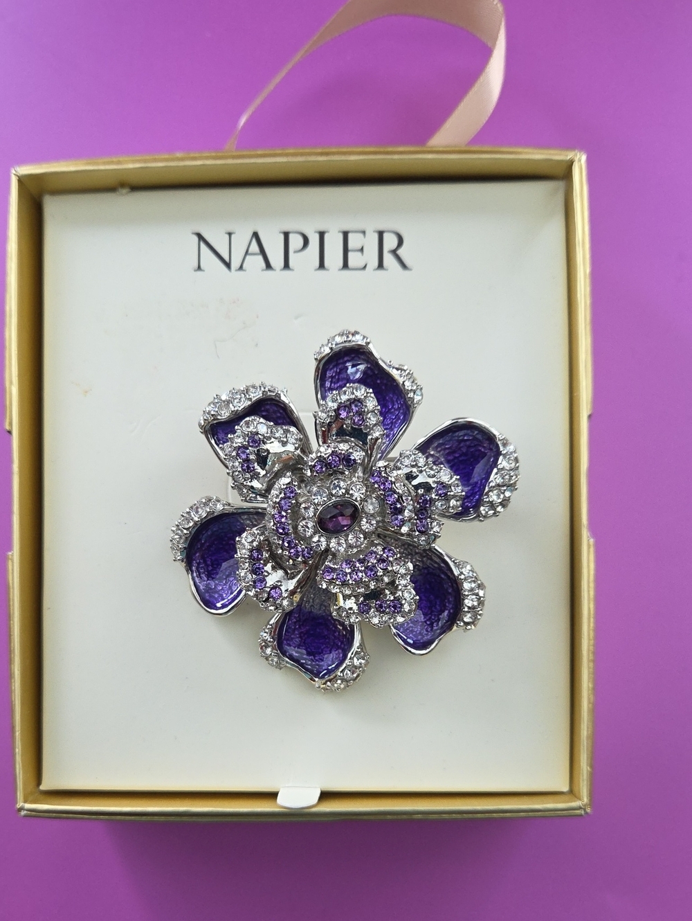 Napier Purple and Silver Flower Crystal Brooch